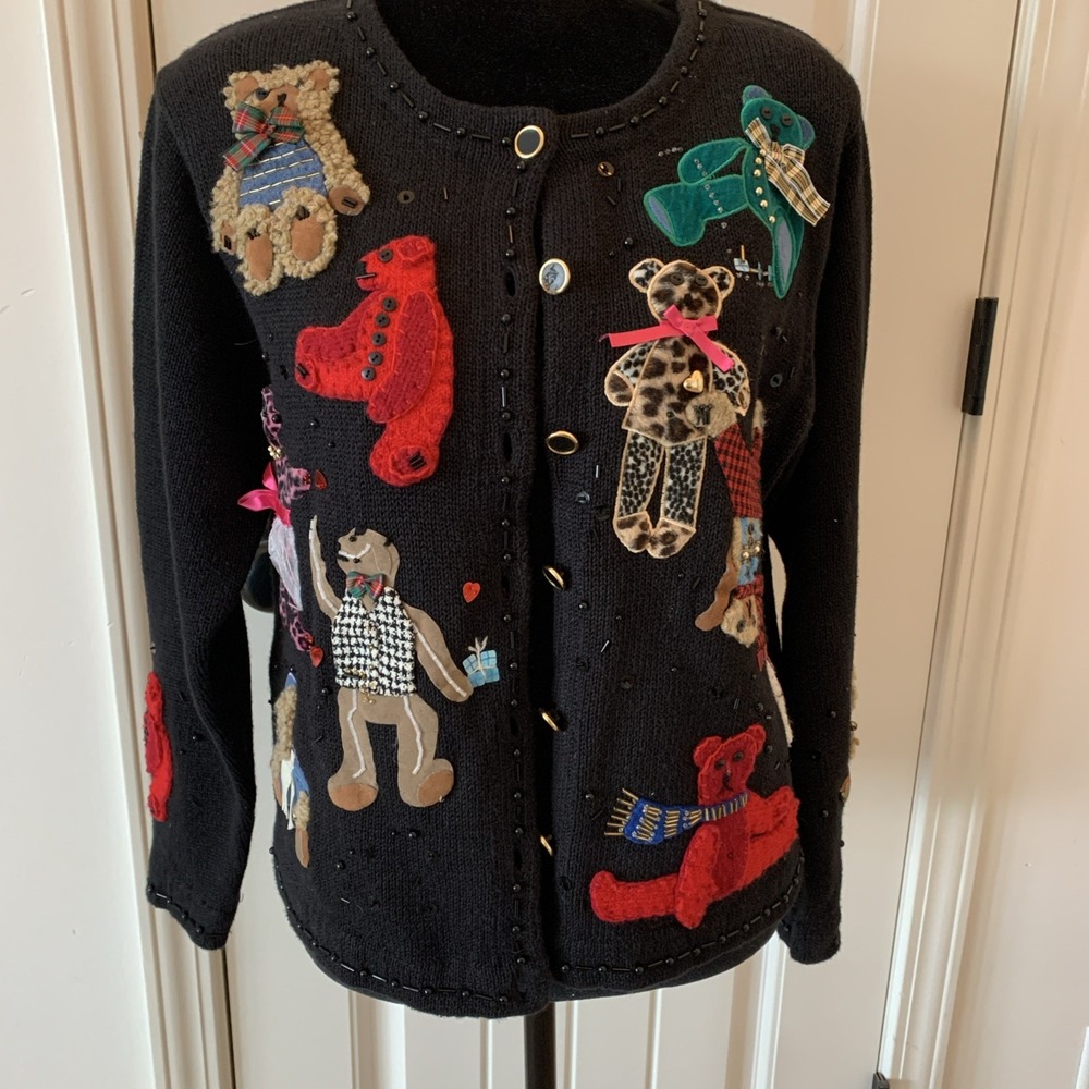 Vtg Susan Bristol Bear Appliquéd Black Sweater Women's PM 2000‎